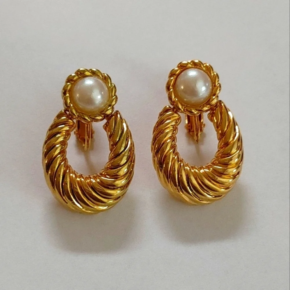 Vintage Napier Gold Loop and Pearl Adjustable Clip Earrings